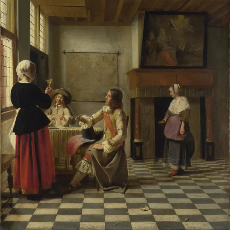 A Woman Drinking with Two Men