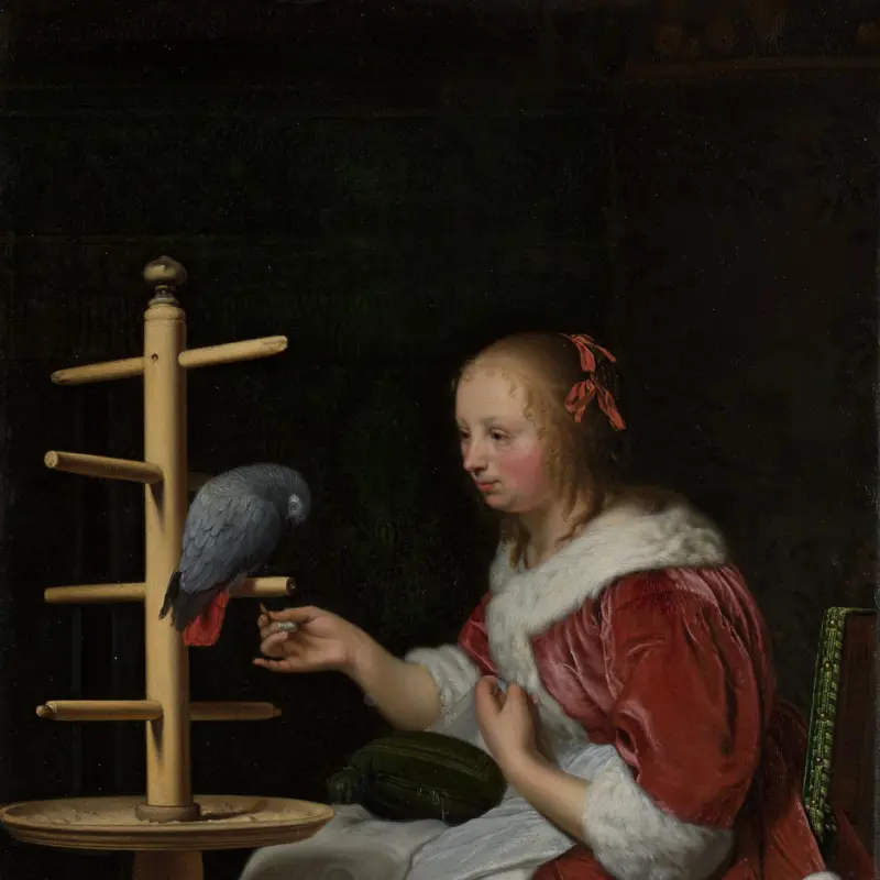 A Woman in a Red Jacket feeding a Parrot